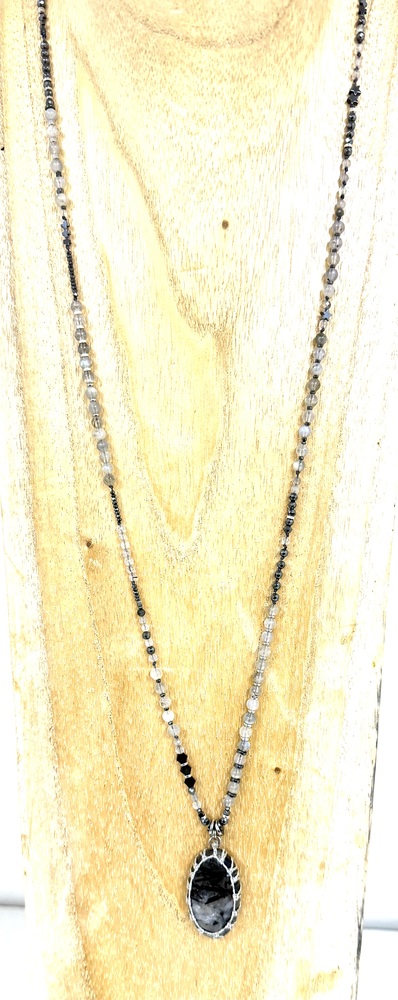 Sautoir Labradorite, hématite et quartz rutile noir